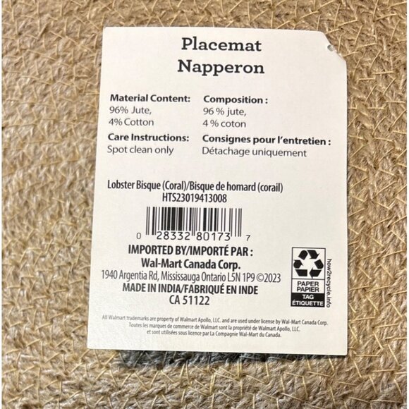 Round Jute & Cotton Placemats 15" Diameter Lobster Bisque Coral Accent Set Of 5 - Picture 3 of 5